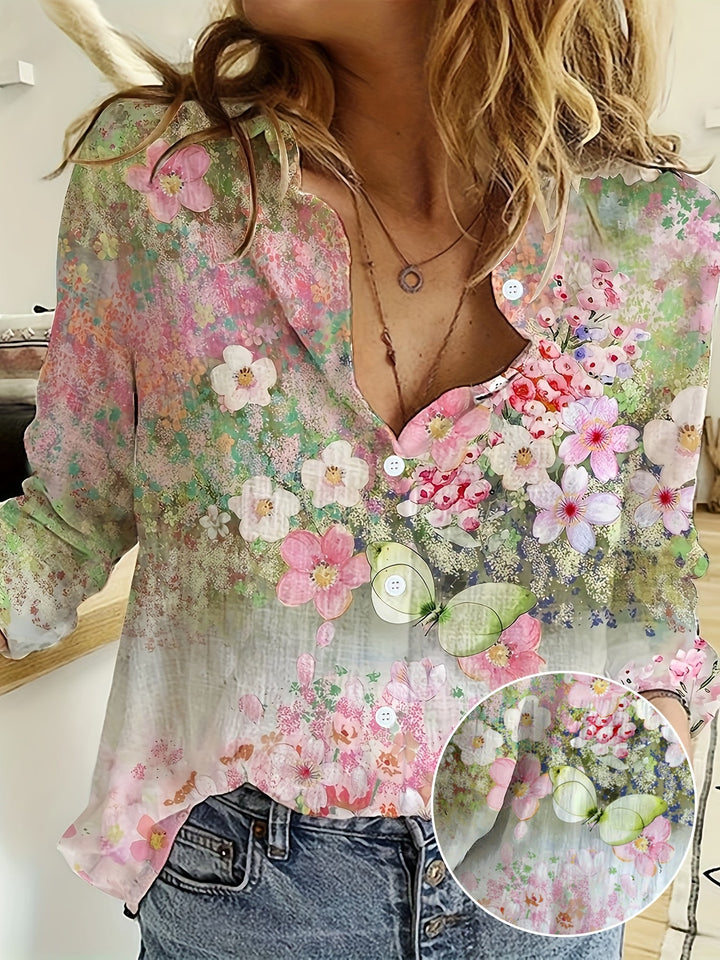 Lara™ | Floral Print Long Sleeve Collared Shirt