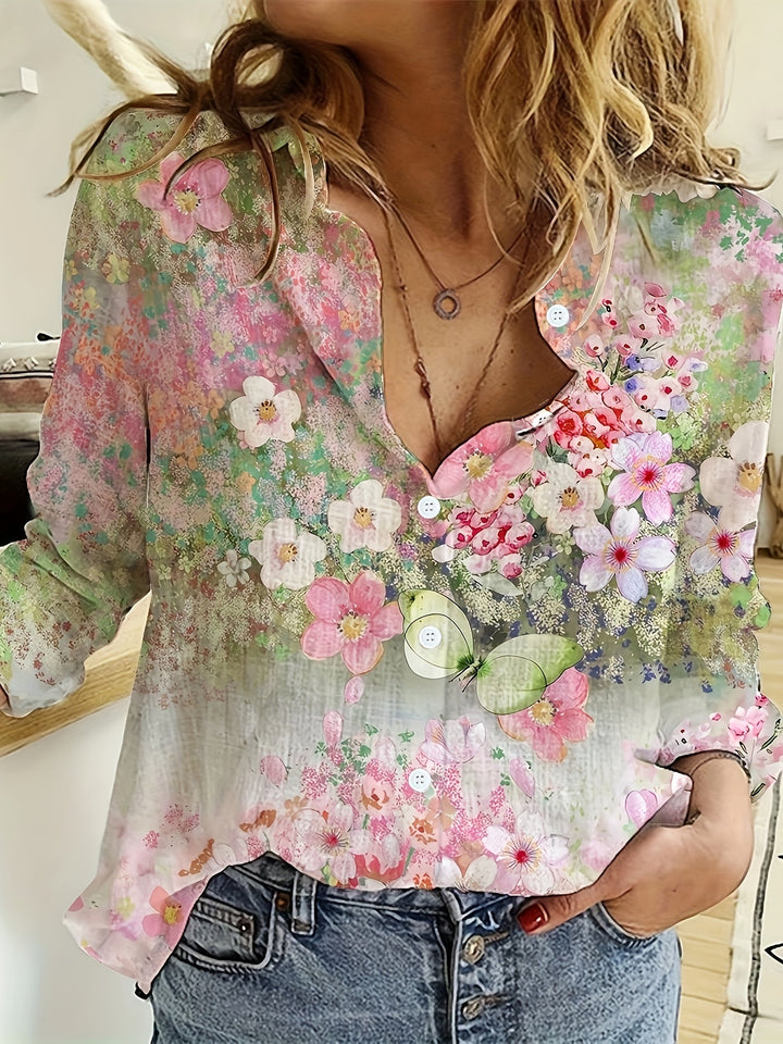 Lara™ | Floral Print Long Sleeve Collared Shirt